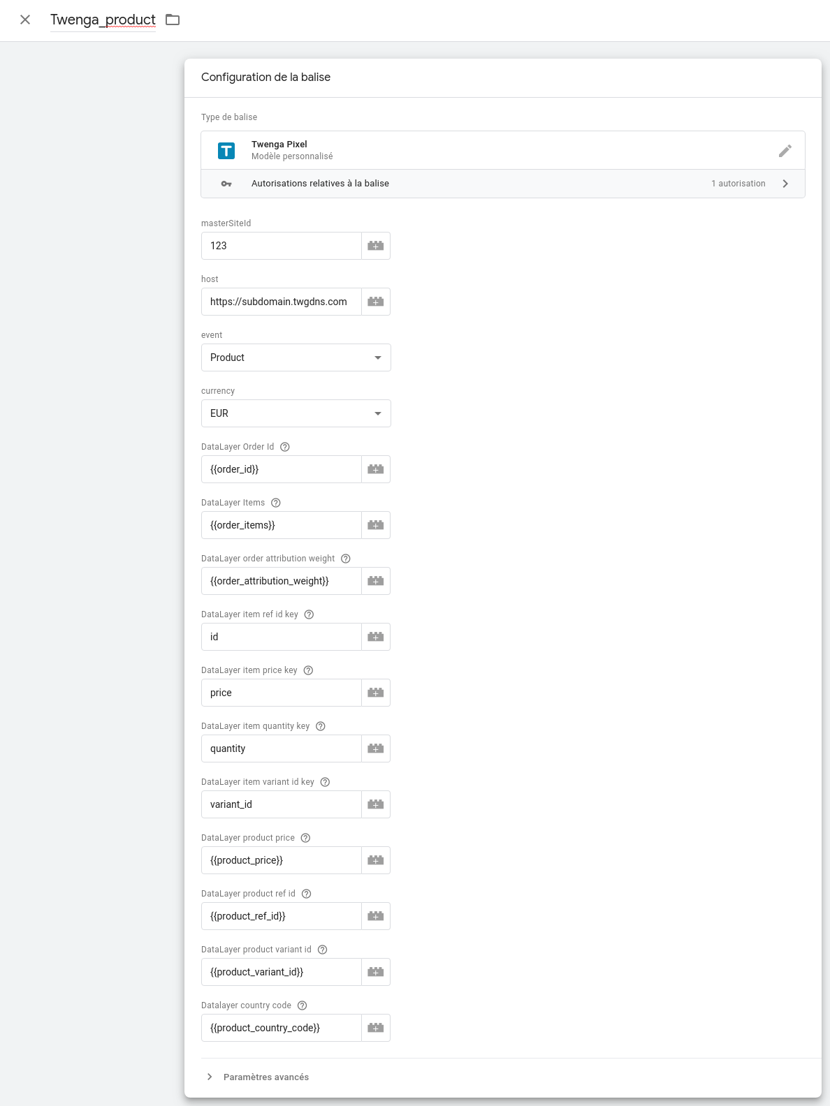 Google Tag Manager Twenga Pixel Tag configuration